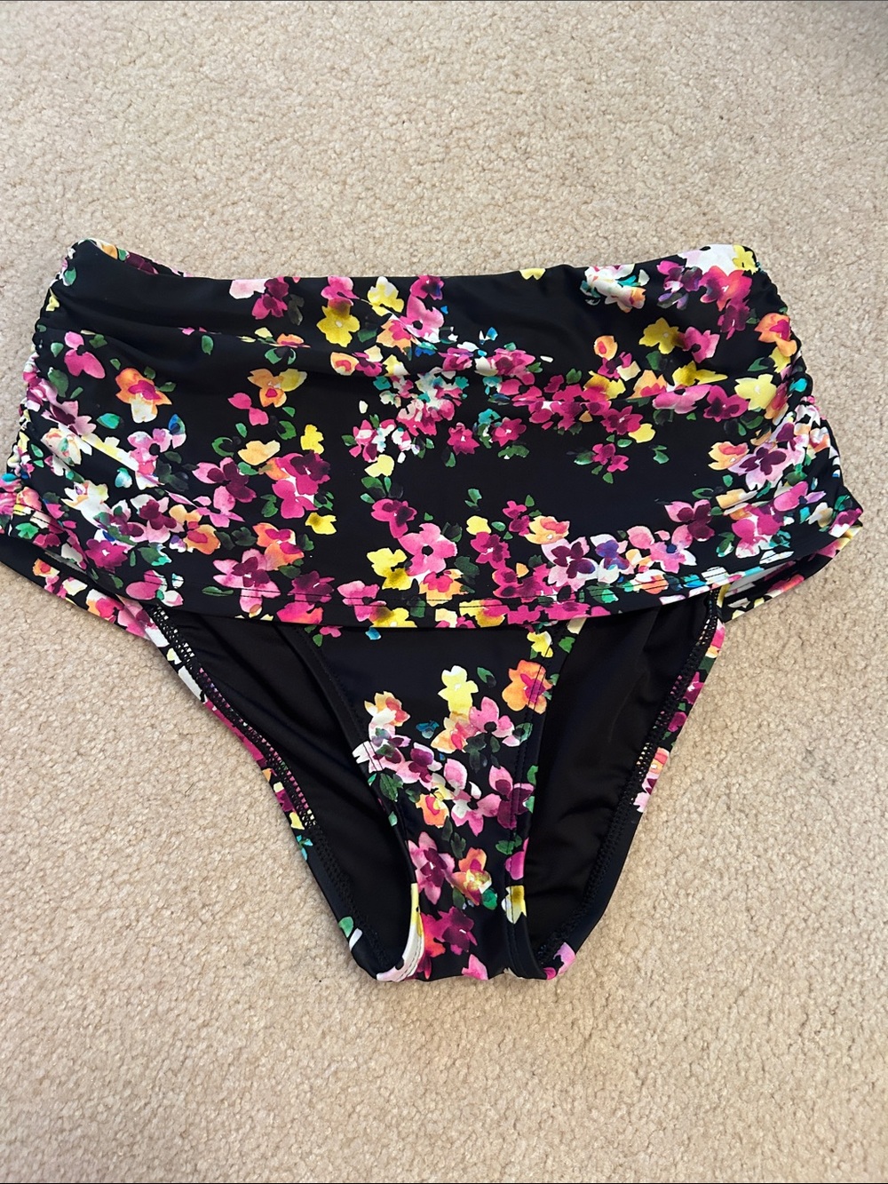 Lands' End Black Floral High-Waist Swim Bottoms